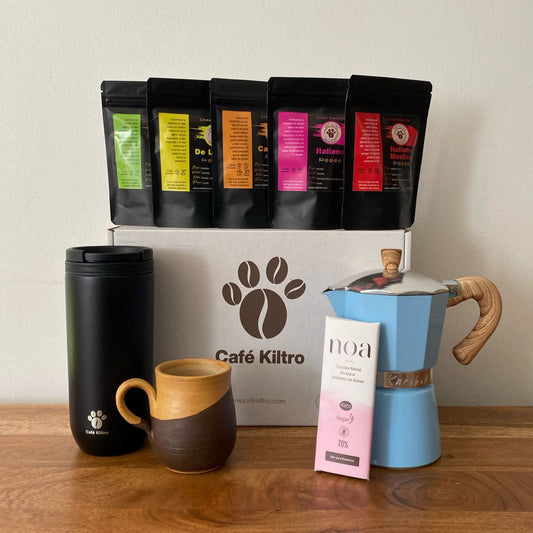 pack 2: pack de degustación + chocolate + mug +cafetera + taza gres