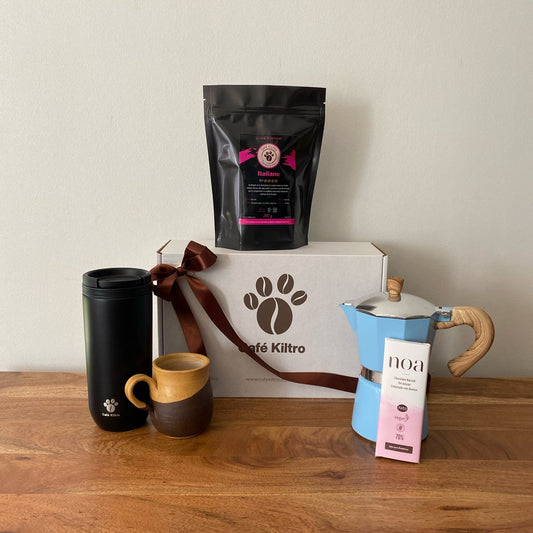 pack 1: cafe 250 + chocolate + mug +cafetera + taza gres