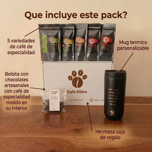 Mug Termico + Chocolate + Pack de Degustación (5 variedades de 50 gramos)