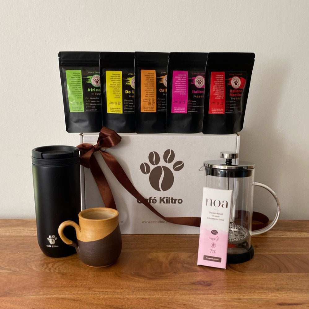 pack 2: pack de degustación + chocolate + mug +cafetera + taza gres