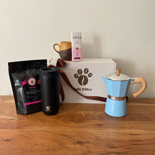pack 1: cafe 250 + chocolate + mug +cafetera + taza gres