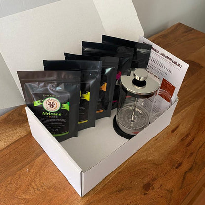 Pack de Iniciación XL (Prensa Francesa + 5 variedades de café de 100 gramos) (envió gratis en la RM) - Café Kiltro cl
