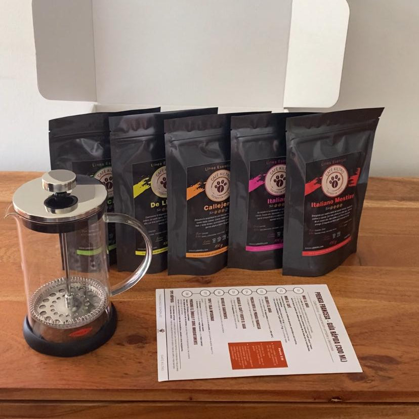 Pack de Iniciación XL (Prensa Francesa + 5 variedades de café de 100 gramos) (envió gratis en la RM) - Café Kiltro cl