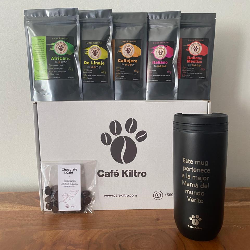 Mug Termico + Chocolate + Pack de Degustación (5 variedades de 50 gramos)