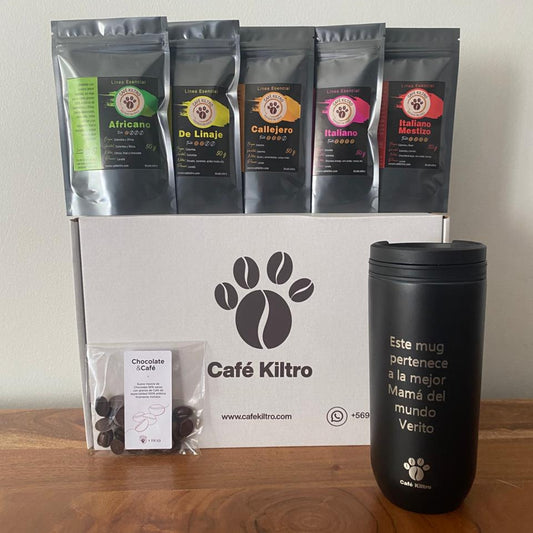 Mug Termico + Chocolate + Pack de Degustación (5 variedades de 50 gramos)