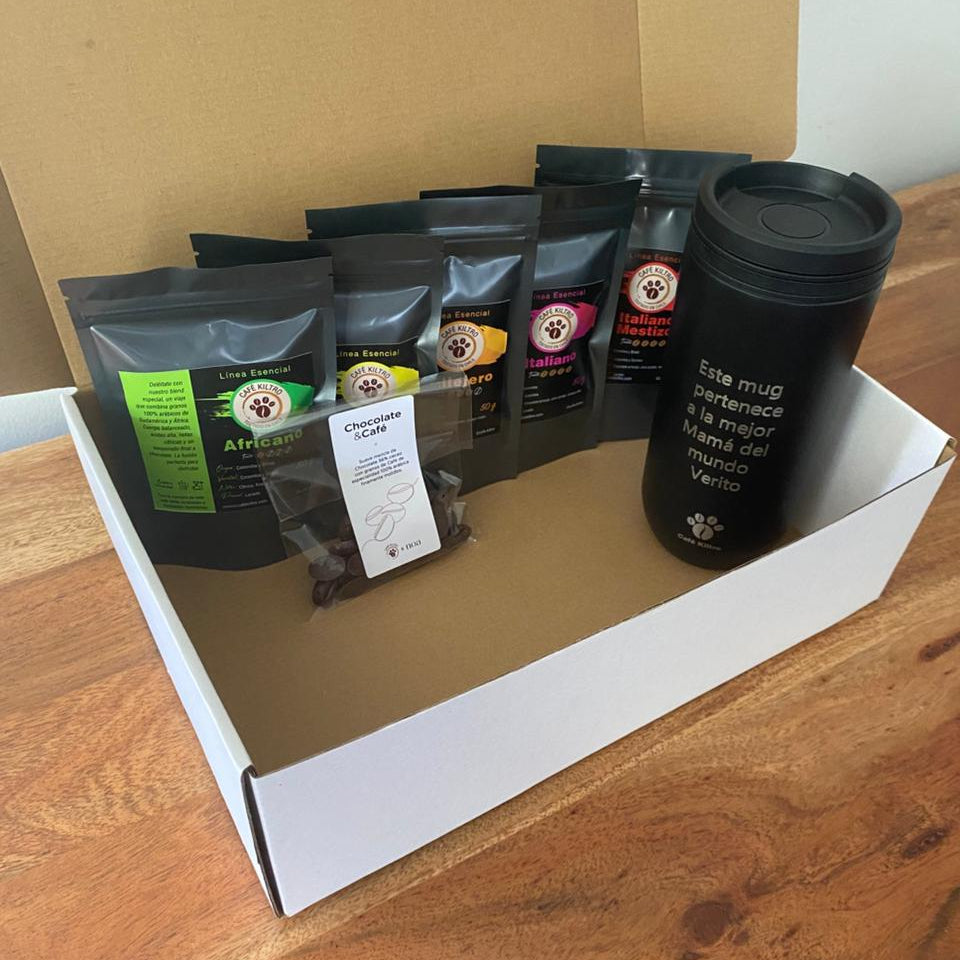 Mug Termico + Chocolate + Pack de Degustación (5 variedades de 50 gramos)