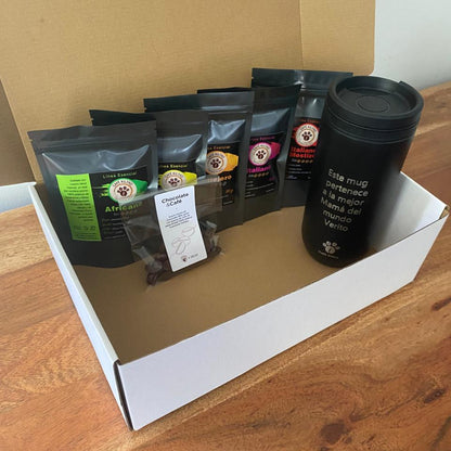 Mug Termico + Chocolate + Pack de Degustación (5 variedades de 50 gramos)